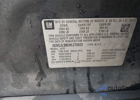 2017 Chevrolet Trax Lt z USA, uszkodzony, nr VIN 3GNCJLSB5HL279820